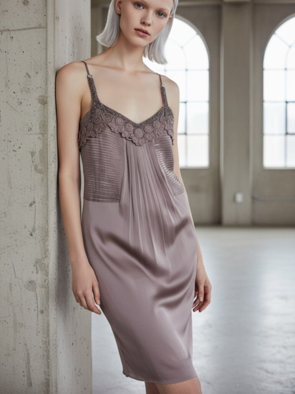 Stella McCartney Champagne Pleated Silk Lace Rhinestone Slip Dress Size 36 AS IS